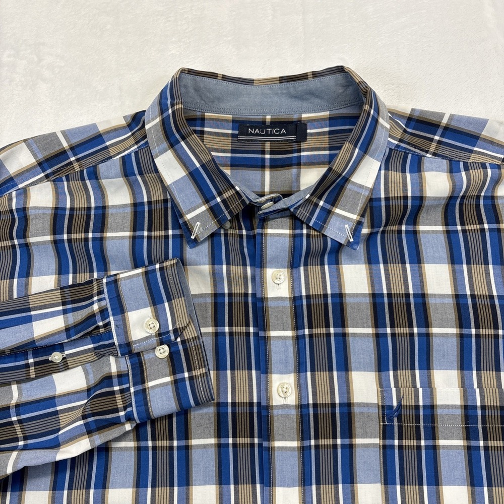 Nautica Shirt Men's XXL Blue/Gold Plaid Button Up Long Sleeve Flip Cuff